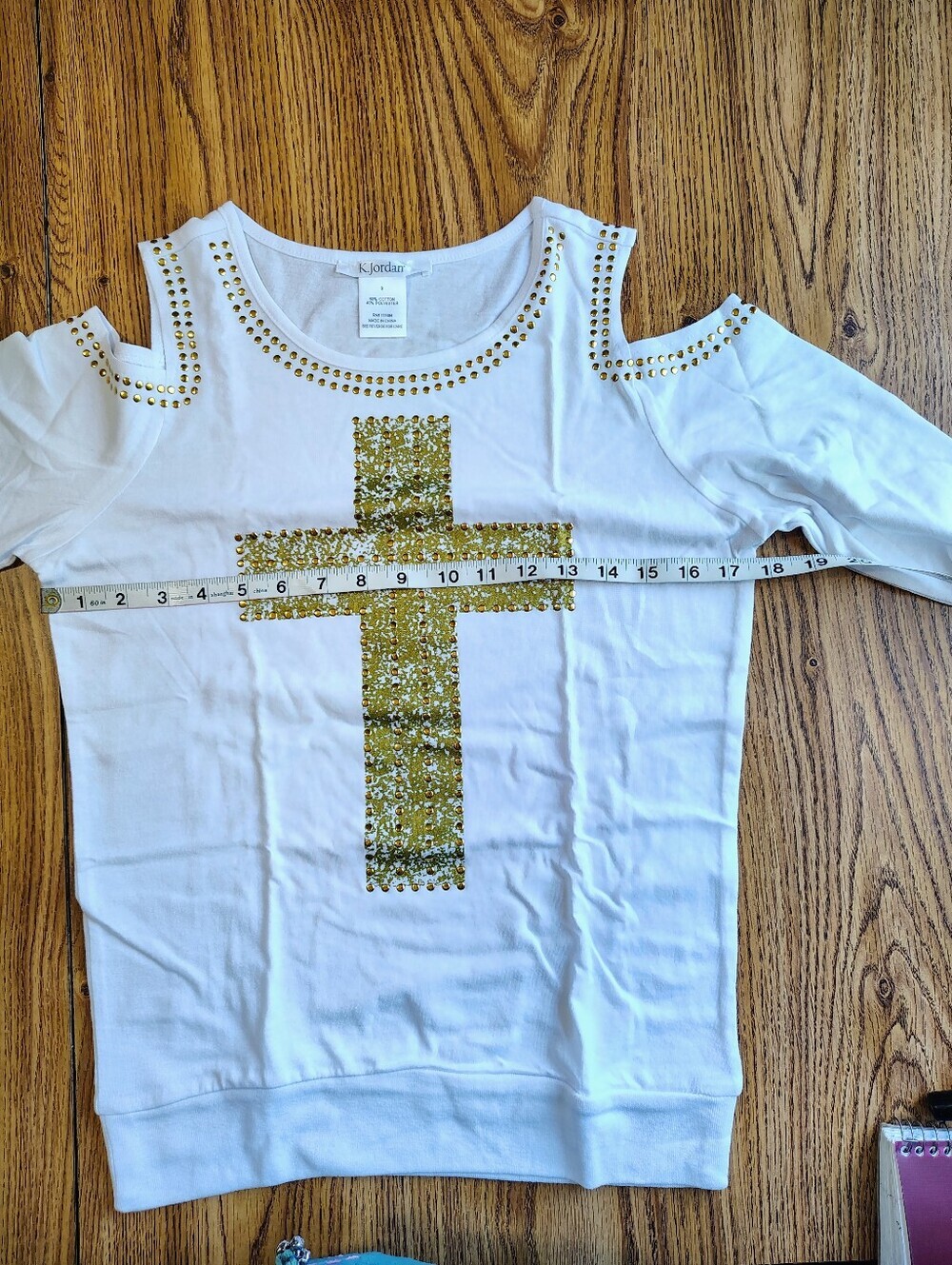 NWOT Top blouse Western Off Shoulder K.jordan white gold studs Cotton Casual S. - Picture 11 of 14